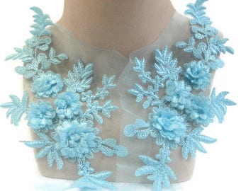 Aqua Blue Lace Appliques, Mirror Pair, 3D Lace Applique, Tutu Decoration, Dance Costume Embellishment