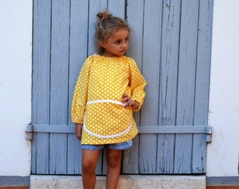 Art Smock 2-4 Years Long Sleeve 100% Cotton Painting Apron Yellow with White Polka Dots Tablier Filles Ecolier Manches Longues Maternelle