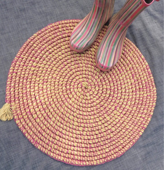 Round Magenta Jute rope rug. Outdoor mat door entry patio