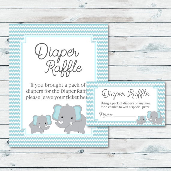 Elephant Baby Shower Diaper Raffle Tickets And Sign Blue And