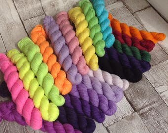 Hand dyed yarn sock weight 'Mystery semi-solid mini' skein set, 75% superwash merino 25 nylon /yarn /wool/ knitting yarn/ crochet yarn