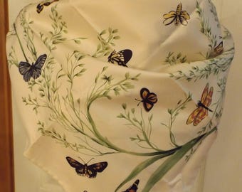 Gorgeous Jim Thompson Large Butterfly Floral Scarf, Cream/Green/Yellow/Blue/Orange, Women's Accessory, Large Scarf, Shawl, Wrap, Mod, Summer