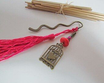 Book marker and heart cage metal bronze - fushia Pearl - tassel-113