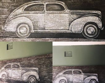 Ford Deluxe V8 1940 oil and acrylic on iron canvas 50 x 150cm