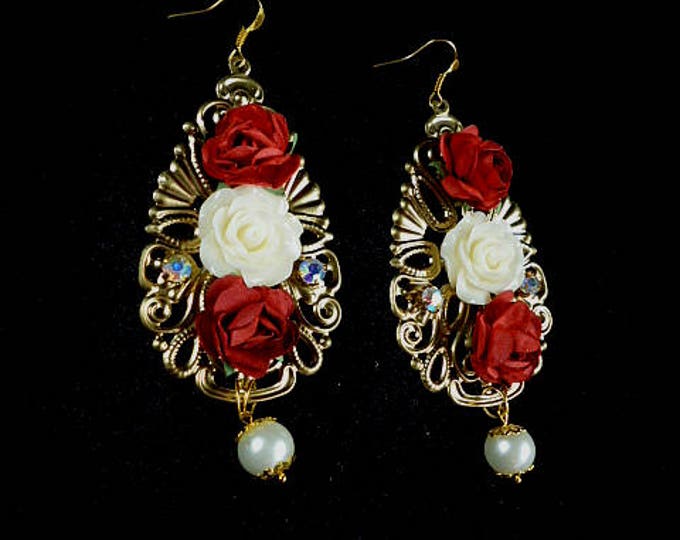 White Red Gold Filigree Pearl Baroque Flower earrings Long Drop earrings Large drops Rose earrings gift Flowers jewelry Floral Renaissance