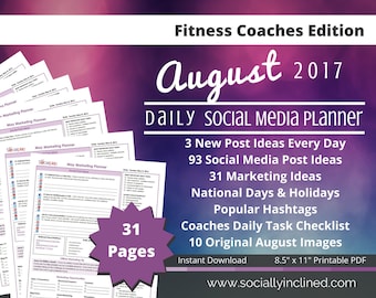 Social Media Planner - Fitness Coaches - 10 August Images, 93 post ideas, 31 marketing tips, 3 daily social posts - Beachbody coaches