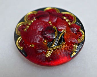 Czech glass button - red, black, gold - 27 mm