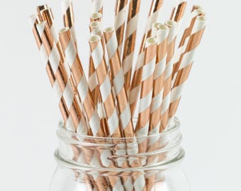 Paper Straws - Rose Gold Striped Straws - 8 Inches - Perfect for Parties, Events & More - Fast Shipping! Frozen Dessert Supplies