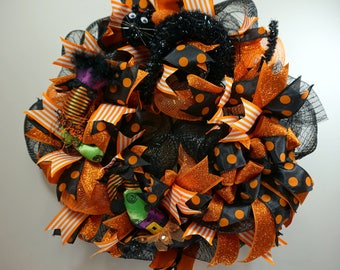 Wreath, Halloween Wreath, Halloween, Front Door Wreath, Deco Mesh Wreath, Witch Wreath, Black Cat Wreath, Halloween Decor,