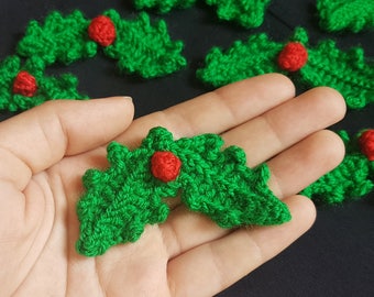 Christmas gift decor christmas ornament holiday Christmas favors xmas holly Decor Holly berry leaves crochet christmas applique xmas berry