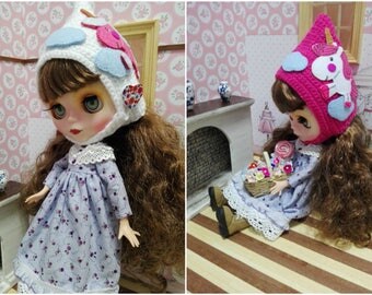 NOVELTY OOAK wool scarf hand knitted with felt unicorn for Blythe dolls