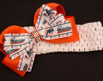 Baby Toddler Girl Miami Dolphins inspired Football hair bow bling rhinestone bow crochet elastic headband hair bow orange white OSFA
