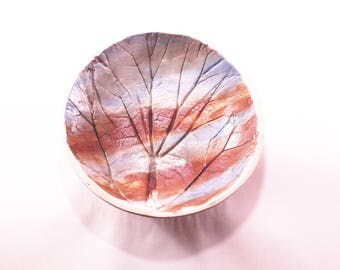 Summer ceramic bowl, sunset bowl, ceramic bowl, handmade bowl, wild clay ceramic, blue bowl, handmade and pottery, pressed leaf, home decor
