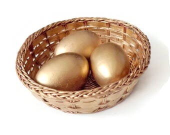 Golden Easter Eggs/ Easter 3 Wooden Eggs/ Waldorf Easter Eggs in Basket