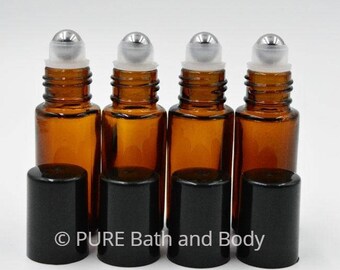 5ml Amber Glass Roll on Bottles, GLASS Roller Balls, Black Caps, Rollon Bottles for Essential Oils, Perfume Bottles, 5ml, Set of 6
