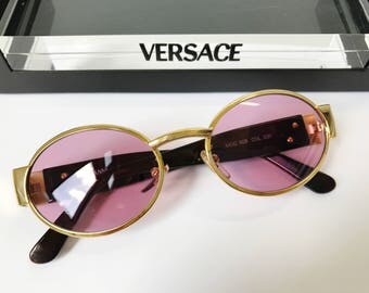 Versace X09 030 Vintage Eyewear, Versace Sunglasses, Vintage Gianni Versace Eyewear, Gold Tortoise Frame Pink Lenses, New Dead Stock
