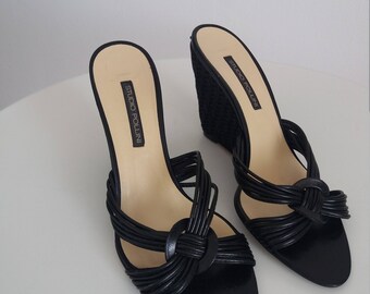 Pollini leather sandals | 80s leather&raffia wedge heels sandals | Pollini wedge sandals