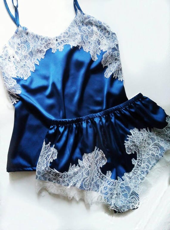 Midnight blue lingerie set French knickers silk camisole