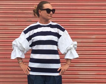Breton striped sweater shirt, Full Sleeves, Navy and White Striped Top