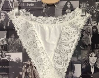 Vintage 80s High Cut White Lace Satin Panties Size Small
