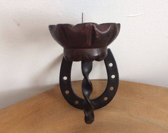 Vintage Spanish Carved Wood & Black Metal 'Horse Shoe' Wall Candle Holder, Sconce - Medieval Gothic Style