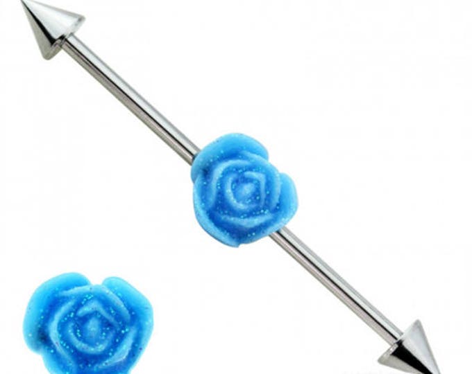 316L Surgical Steel Glitter Blue Rose Center Industrial Barbell with Spikes