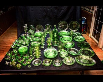 Green Cameo Depression Glass, Rare Vintage Green Dish Set, Willing to Separate