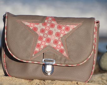 Taupe leather Messenger bag and old pink print