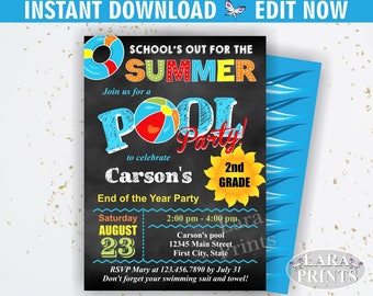 INSTANT DOWNLOAD / Graduation Invitation / Pool / Waterslide / Swimming / Summer / End of school / Party Beach Invite boy Chalkboard BDP7