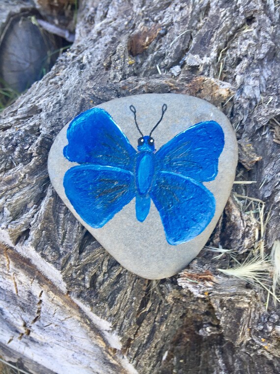 Blue butterfly hand painted rock acrylic painting