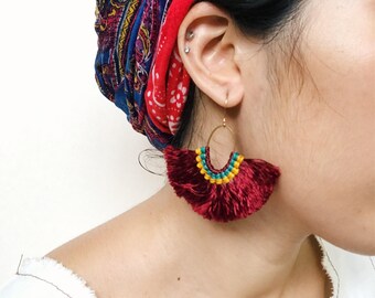 Dark scarlet red,green and yellow half fan fluff tassel hoop earrings gypsy hippie boho style