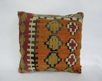 Turkish Kilim Pillow,16x16inches,40x40cm,Anatolian Turksih Handmade Tribal Kilim Pillow Cover