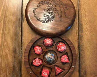 Circular Walnut Wood Polyhedral Dice Box for Dungeons and Dragons (DnD) or Pathfinder RPGs