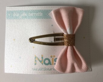 Hair bow clip pale pink and gold glitter Ribbon