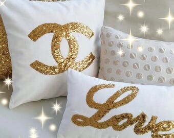Gold chanel pillow case, bridal shower Sleeping Beauty Decorative Pillow Decor Pillow Cotton and Handmade Bedroom Livingroom