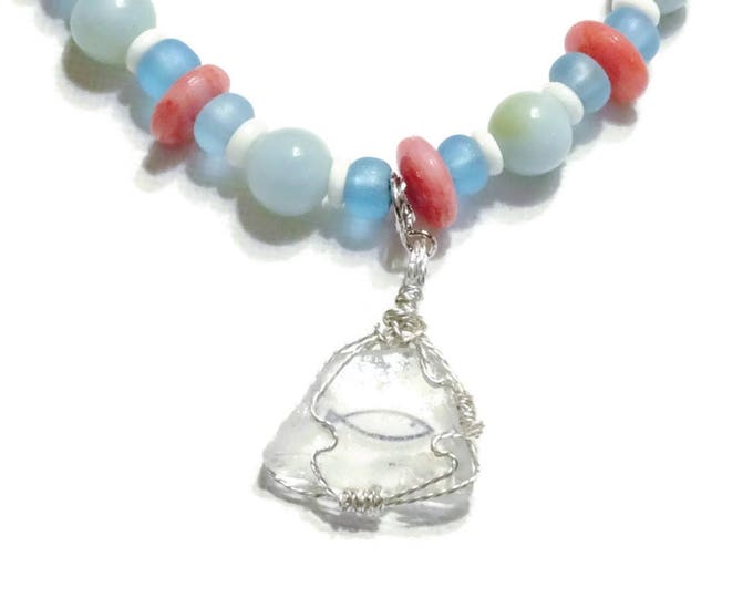 White Authentic Lake Michigan Beach Glass with the Christian Fish on the back - Wire Wrapped - Blue and coral beads - Beautiful for Her
