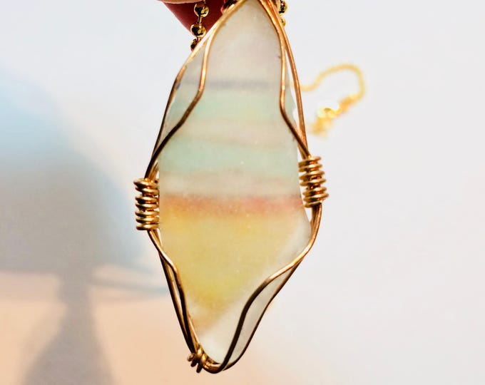 Large Beach Glass pendant - Wire Wrap Beach Scene Beach Glass -Lake Michigan - Gold colored artist wire and chain