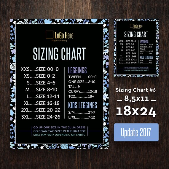 Sizing Chart poster 18x24 & 8.5x11 Update 2017 Size Chart