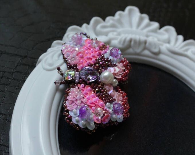 Butterfly pink Brooch Insect handmade jewelry pin broach Embroidery violet Brooch Beaded Broach beads gift for her idea fashion jewelry