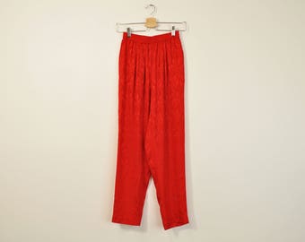 Red Silk Pants, Vintage Silk Pants, Silk Leisure Pants, Vibrant 90s Minimal Pants, Loose Tapered Leg Pants, Womens 90s Pants X-Small XS