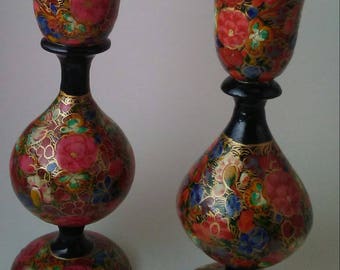 Vintage Russian Hand-Painted Black Lacquer Floral candlestick holders