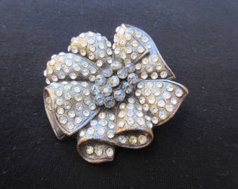 Vintage Pewter Flower Brooch with Clear and Grey Rhinestones