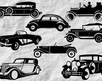 8 Classic Car Silhouettes | Classic Cars SVG cut files | Classic Cars cliparts | vectors | printable | vintage cars | wall print