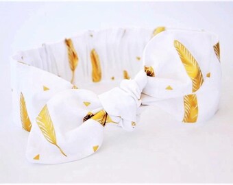 Feather Gold baby headband, white gold feather Baby, knot baby headband, girls headband, metallic gold white, white feather headband