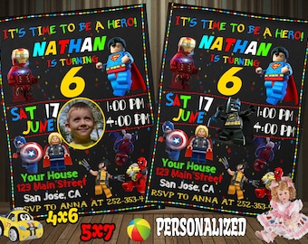 Lego Invitation, Avenger Invitation, Lego Avenger Invitation, Superhero Invitation, Lego Superhero Invitation, Superhero Birthday Invitation