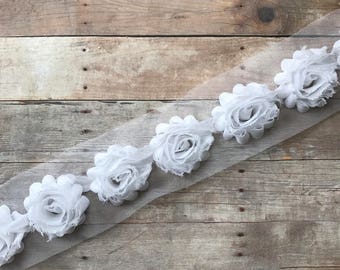 Mini White shabby flowers, 1.5" shabby rose trim, Chiffon flower trim Wholesale flowers, Shabby Chic, by the yard, Headband supplies