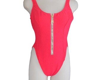 Vintage 90s Swimsuit // High Cut // Zipper // Neon Pink // M