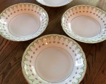 Warner Keffer China Company / Sevres / Fleur de lis / Set of 4 bowls / Pink Roses / Green Garland / 1910