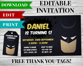 Batman Invitation, Batman Movie, Superhero Birthday Party Invitation, DC Comics Invitation, Batman Thank You Cards