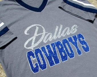 Dallas Cowboys Glitzy Bling Jersey Style Grey V-Neck shirt with Sparkling Silver and Dark blue Glitter - White & Blue Sleeve Stripes